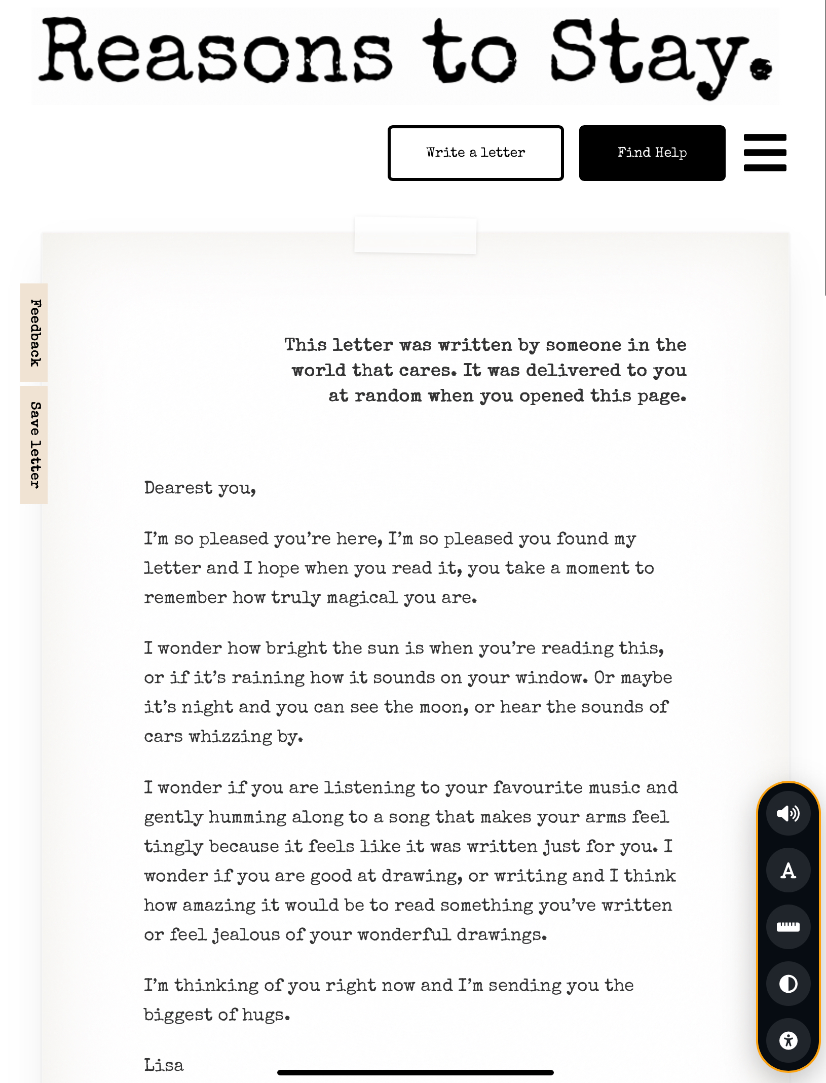 Screenshot of the Reasons to Stay website showing a heartfelt letter
