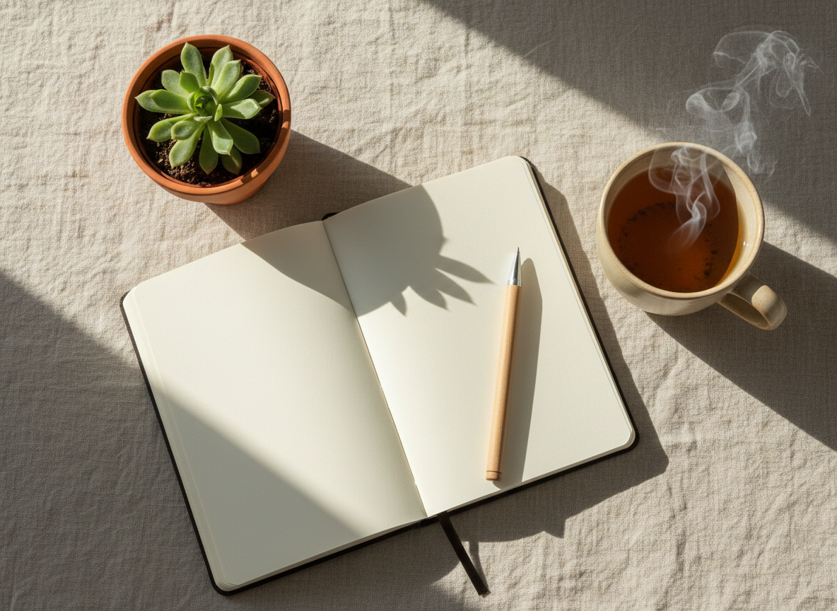 Open journal, a small plant, and a warm cup of tea on a linen surface