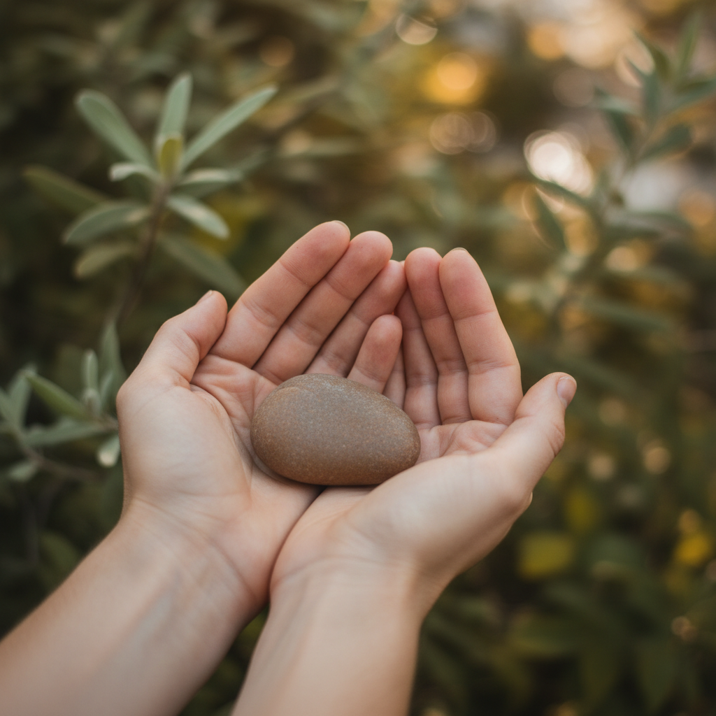 Hands gently holding a smooth stone, soft greenery in background